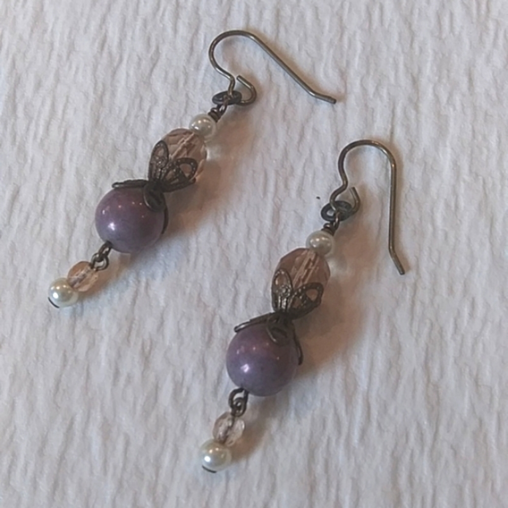 Plum Pearl Crystal and Bronze Drop Earrings Delicate Feminine Vintage